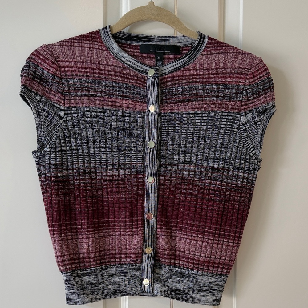 White House Black Market Striped Ribbed Cap-Sleeve Crew Cardigan - Maroon, Gray